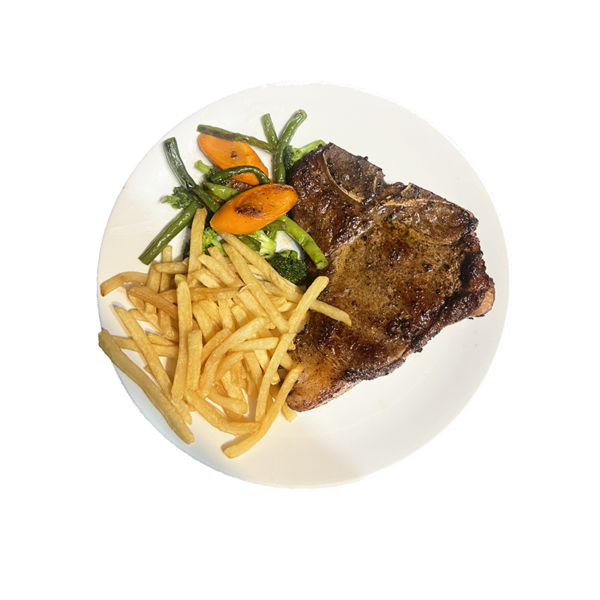 Accompagné de légumes sautés et de frites maison